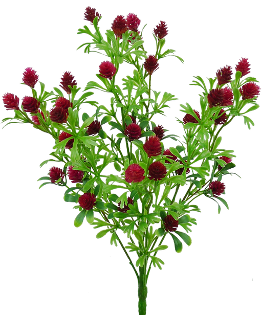 The 15 Red Plastic Berry Bush with 5 Stems (13370RD) showcases a cluster of red artificial flowers and green leaves, mimicking a natural plant. Its vibrant green and deep red colors create a lush, lively contrast.
