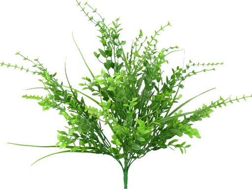 The 19 Green Plastic Mixed Leaf Bush (model 13415GN) features a lifelike mix of green shades, consisting of nine artificial stems with varied leaf shapes and sizes, resembling a small bush against the white backdrop.