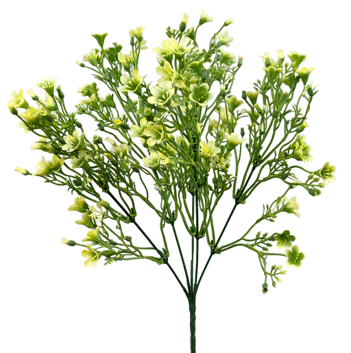 Clusters of small, delicate yellow-green flowers on slender 14 stems resemble the 14 Cream Plastic Wax Flower Bush with multiple branches, model 13539CM.
