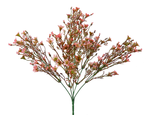 The 14 Pink Plastic Wax Flower Bush (Product #13539PK) features delicate pink and orange blossoms on slender green stems, with five stems branching symmetrically, creating a vibrant and charming arrangement.