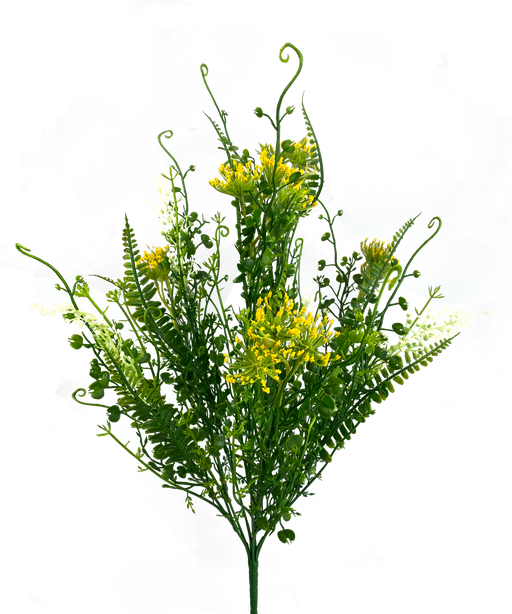 A bouquet of 21 yellow plastic fern filler bush with 7 stems (13589YW), set against an abstract, colorful background showcasing splashes of vibrant greens, blues, magentas, and whites.