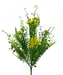 A bouquet of 21 yellow plastic fern filler bush with 7 stems (13589YW), set against an abstract, colorful background showcasing splashes of vibrant greens, blues, magentas, and whites.