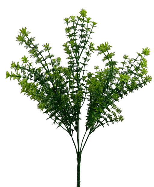 The 20 Green Plastic Bush 7 Stems 13604GN features green stems and small, leafy branches, creating a realistic look against a solid black background.