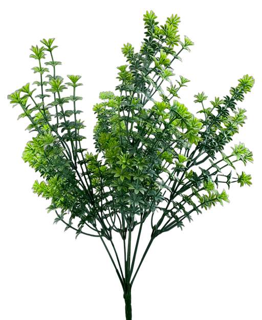 The 20 White Plastic Bush, featuring 7 stems, is showcased against a solid black background. Its vibrant green leaves spread fan-like, offering a fresh and lively appearance.