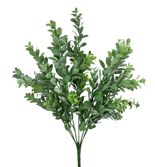 The 21 Green Plastic Laurel Leaves Bush with 7 Stems (13628GN) showcases a vivid green hue and smooth, natural-looking leaves, perfectly mimicking a lush shrub against a white backdrop.