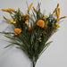 The 21 Yellow Dahlia Foxtail Bush features clusters of marigold-like orange blooms and small yellow dahlia flowers, along with tall foxtail bush spikes and green leafy stems, set against a plain white background.