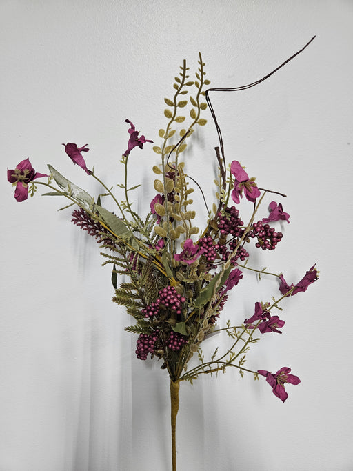 The 24 Purple Lavender Berry Spray (63048-PU) features a decorative bouquet of lavender flowers and berries with green leaves and twigs, set against a plain white background.