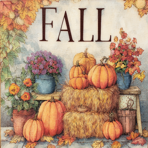 The 10 x 10 Fall Scenery Sign TTE-332 features pumpkins, hay bales, potted flowers, and fallen leaves with FALL in bold letters. Warm festive colors create a cozy autumn atmosphere on this charming metal sign.
