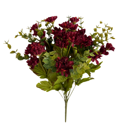 The 14 In Mini Mum Bush (21132-BGDY) showcases 13 stems of artificial flowers with deep red blossoms and vibrant green leaves, elegantly arranged on a plain white backdrop to highlight the green and burgundy hues.