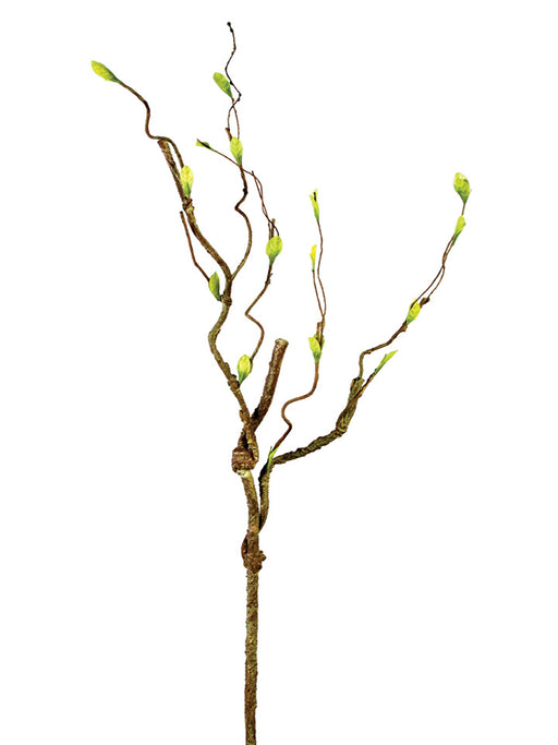 Against a white backdrop, the 29 Light Green Weathered Twig with Leaves (2140049GR) showcases its twisted form and numerous budding offshoots, capturing organic elegance through its intricate design and texture.