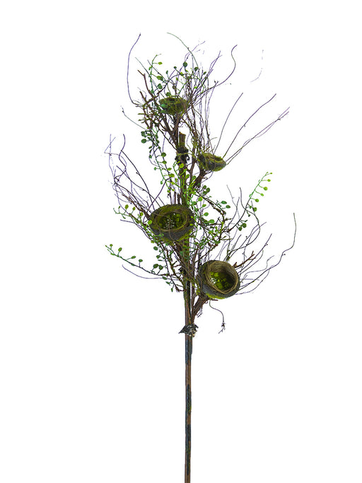 A tall, slender 34 Green and Brown Birds Nest Branch (2140088GB) with small green leaf clusters and round, bowl-like birds nests against a plain white background.