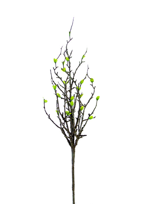 The 33 Green Blooming Leaf Branch (Product: 2140096GR) features a bare tree branch with small green buds on its twigs, set against a plain white background, hinting at an imminent transformation.