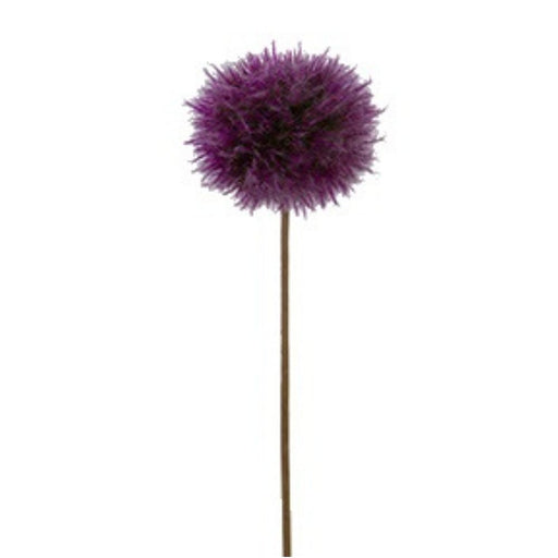 A 25 Dandelion Spray Plum (2150147PL) features a single plum-colored, round pompom flower on a long, slender brown stem, set against a plain white background.