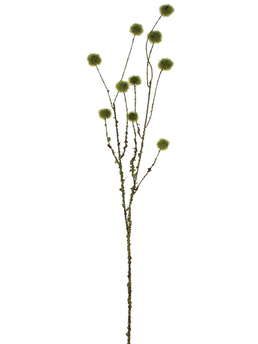 A single 40 dark green moss ball branch with multiple smaller branches, each featuring a round, fuzzy moss ball, set against a white background. Product ID: 2370027DG.