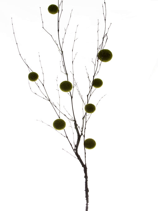 The 51 Green Branch with Moss Balls (2720069GR) features round, green moss balls on a slender branch against a plain white background, creating a striking minimalist contrast.