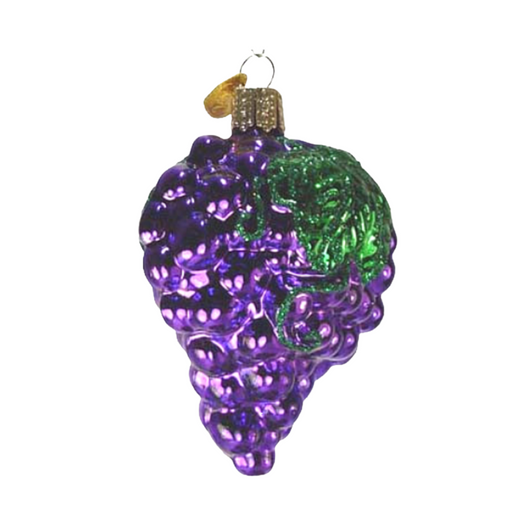 The Purple Grapes 28004 Old World Christmas Ornament Assorted is a glass ornament featuring a bunch of purple grapes, a small green leaf, and a gold cap for hanging, crafted by Old World Christmas.