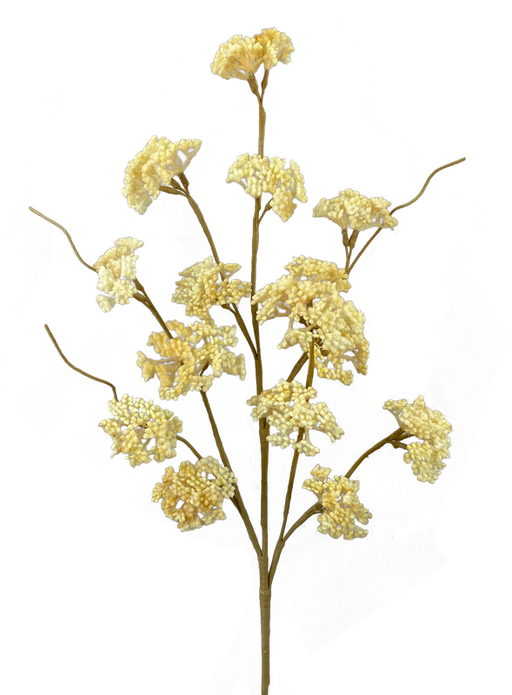 A delicate branch with clusters of small, cream-colored flowers, similar to a 32 Natural Yarrow Spray with 5 Stems (29461NAT), set against sparkling accents. The pink, blue, and purple hues create a dreamy and abstract atmosphere.