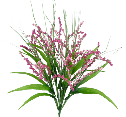 The 24 Hot Pink, Pink Foxtail Bush (12 Stems, 30626BTPK) features a lush bouquet of vibrant hot pink artificial wildflowers with long green leaves, arranged in a fan-like display on a white background.