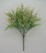 The 22 Yellow Mini Berry Mixed Leaf, product 32018-Yel, features artificial mixed leaves with green fern-like foliage and small yellow mini berry buds, all against a light gray background. The stems are wrapped together at the base.