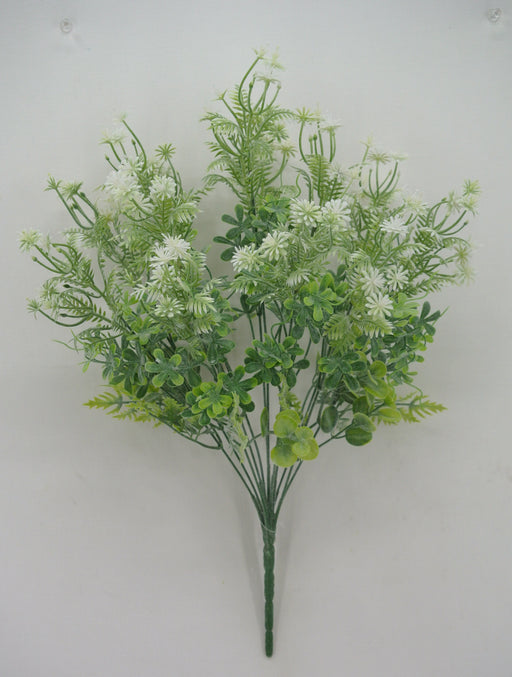 The 20 White Mixed Leaf Bush (32021-WT) features a stunning arrangement of artificial greenery with small white flower clusters and diverse leaves, creating a lush, vibrant display with its 12 stems against a plain white background.