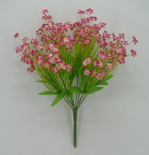 The 15 Green and Pink Mini Flower Bush 32022-GNPK features small pink and white flowers with lush green leaves and stems, elegantly displayed against a plain white background.