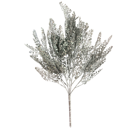 The 21-inch Leaf Bush X 5 (product code: 32073-Silver) features a lavish arrangement of silver fern leaves, showcasing elongated and intricately detailed foliage that stands out beautifully against a simple white background. Its abundant leaf clusters provide a lush and vivid look, making it an ideal choice for enhancing any space.