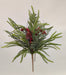 The 20.5 Green and Red Pine berry Cone Bush 32183 features lush green pine branches, red berries, and a brown pinecone, offering classic holiday charm on a white background.