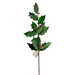 The 27" Green and Red Metallic and Sugared Holly Leaves and Berries Spray 32231 showcases emerald green leaves with a glossy, glittery finish and small red berries, all attached to a brown stem adorned with a white tag at the base.