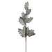 The 27 Silver Metallic and Sugared Holly Leaves and Berries Spray 32232 features textured, jagged holly leaves that capture light for a shiny look. The berries enhance its appearance, making it stand out against a plain white background.