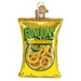 The Funyuns Old World Christmas Ornament 32650 is a shiny ornament shaped like a yellow Funyuns bag with the classic logo and onion rings, plus a gold loop and cap for hanging—perfect for festive décor!.
