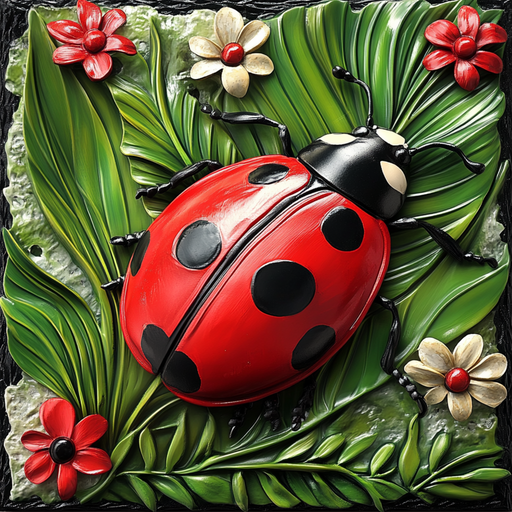 The 10 x 10 3D Ladybug Sign TTE-245 artfully showcases a shiny red body with black spots against vibrant green leaves and red and white flowers, creating a striking contrast.