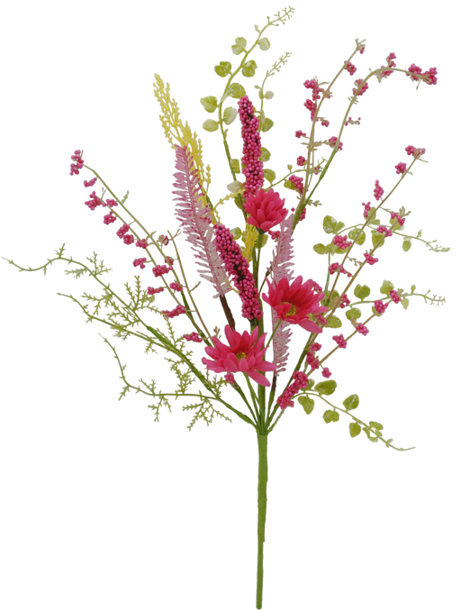 The 18 Daisy Heather Pick 40001-BG features a vibrant arrangement of artificial flowers with hot pink blossoms, green leaves, and delicate branches, creating a colorful and lively bouquet.