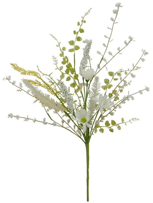 The 18 Daisy Heather Pick Cream (40001-CR) features artificial white flowers with green leaves. The feathery textures and cream-colored blossoms create a delicate and airy appearance.