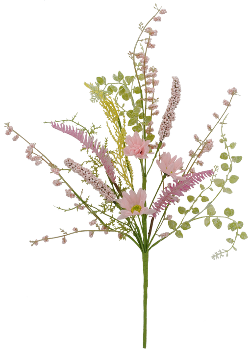 The 18 Daisy Heather Pick Pink (40001-PK) features a delicate bouquet of pink daisies, small pink and yellow wildflowers, light green leaves, and thin stems elegantly arranged.