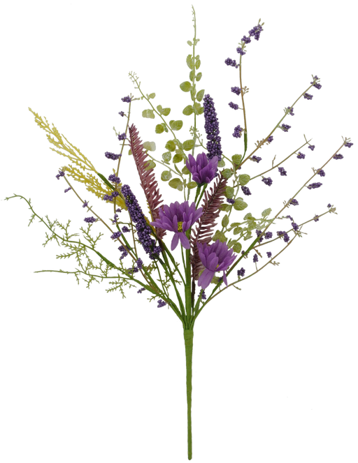 The 18 Daisy Heather Pick Purple (40001-PU) showcases artificial wildflowers with purple blossoms, green leaves, and lavender-like flowers. Its thin, airy elements create a natural, rustic look.