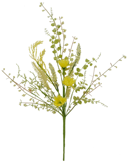 The 18 Daisy Heather Pick Yellow 40001-YEL features delicate artificial yellow daisies with slender branches and green leaves, beautifully arranged against a plain background.
