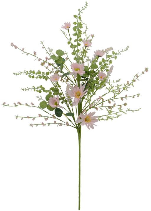 The 27 Mixed Daisy Spray Pink (40017-PK) features delicate pink flowers, green leaves, and stems arranged intricately, enhanced by mixed daisy sprays with small leafy sprigs and buds for a lush and vibrant look.
