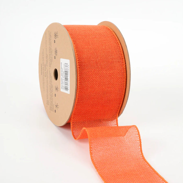 A 2.5 Tangerine Orange Faux Linen Wired Ribbon (4001W-668-63E) is partially unrolled from its cardboard spool, displayed against a plain white background.
