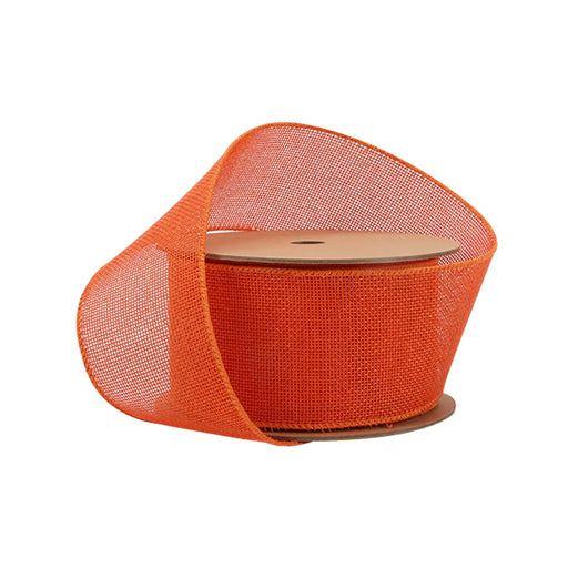 The 2.5 Tangerine Orange Faux Linen Wired Ribbon (4001W-668-63E) features cardboard ends and is partially unrolled, forming a loose loop.