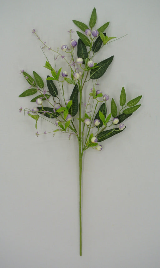 The 26 Purple Berry Spray 40207-PU showcases vibrant green leaves and an array of striking purple and white berries, all set elegantly against a plain white background.
