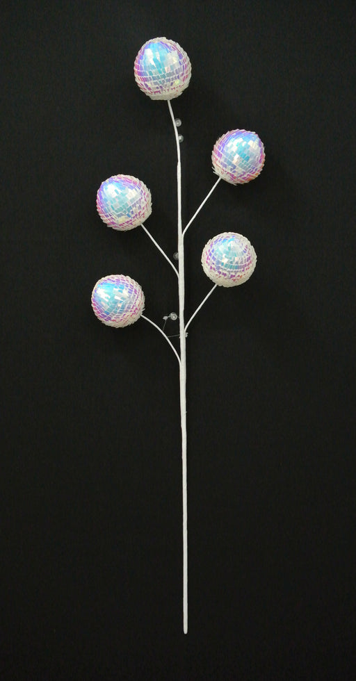 The 27.5 White Sequin Ball Spray 40240-WT features five iridescent mosaic-patterned sequin balls on a decorative white stem, arranged like flower buds for a striking accent against a black background.