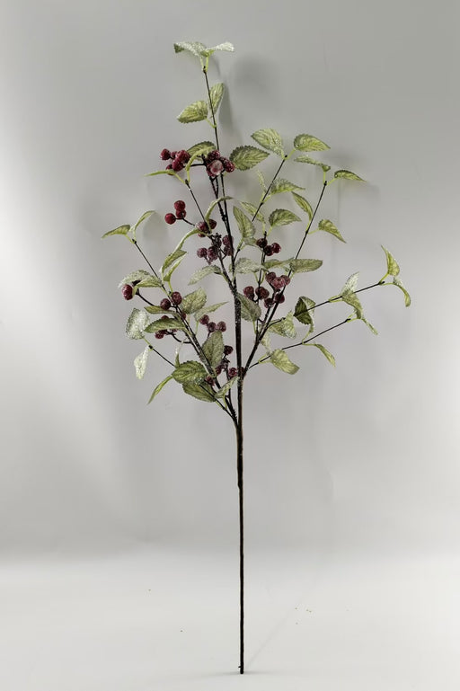 A 32 Frosted Viburnum Berry Spray 40377 with green leaves and clusters of small, dark red berries set against a plain light gray background.