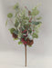 The 20 Green and White Frosted Eucalyptus Spray 40379 features green leaves, white frosted accents, red berries, and two brown pine cones on a single stem, shown against a plain white background.