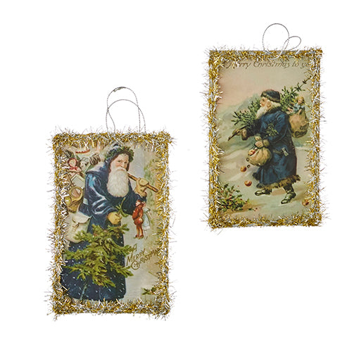 The 6" Set of Two Vintage Santa Postcard Ornament (4202442) beautifully captures the charm of Christmas decor. Each card features a nostalgic, antique style with Santa Claus in blue, carrying gifts and small evergreen trees, and is adorned with tinsel to make the perfect holiday ornaments.
