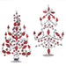 The 6.5" Set of Two Red and Crystal Jeweled Tree Ornaments (Product 4313525) features ornamental Christmas trees adorned with red and clear gemstones, silver accents, and complex patterns of teardrop and oval shapes. Made from metal and plastic, these ornaments bring a festive yet sophisticated touch to your holiday décor.