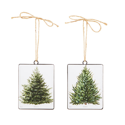 The 5.5 Set of Two Fir Tree Disc Ornament (4321318) features white rectangular ornaments with black borders and fir tree designs, each hung by a twine loop tied in a bow to evoke festive charm.