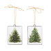 The 5.5 Set of Two Fir Tree Disc Ornament (4321318) features white rectangular ornaments with black borders and fir tree designs, each hung by a twine loop tied in a bow to evoke festive charm.