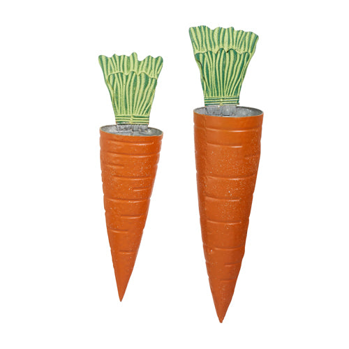 The Assorted Orange Metal Carrot Wall Buckets 4411207 feature two planters with textured orange bodies and green leafy tops, ideal for home decor. The set includes one large and one small planter, artfully displayed against a white background.