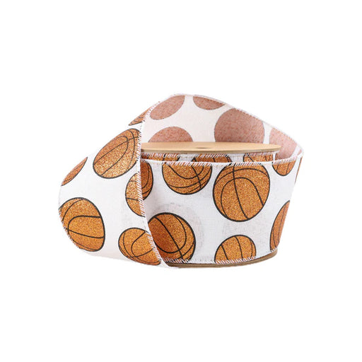 The 2.5 Glitter Basketballs on White Ribbon (4419W-029-63E), measuring 10 yards, features a vibrant glitter basketball pattern that can be elegantly looped to highlight multiple basketballs.