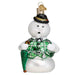 Introducing Sam the Snowman Ornament (Old World Christmas 44207), a charming hand-blown glass decoration. He wears a green plaid waistcoat with black buttons and a bowtie, holds a green umbrella, and dons a black top hat with a gold clover. His cheerful expression, black eyes, and white mustache spread holiday joy!.